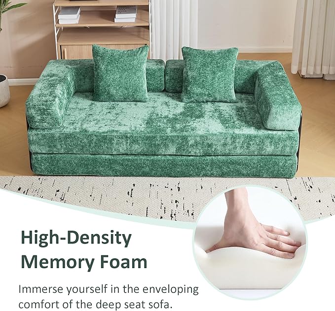 Convertible Sleeper Sofa Bed, Compression Folding Sofa with Pillow, No Assembly Required, Shape Frame, Floor Sofas Lounge Couch for Living Room, Bedroom, Small Spaces(Chenille, 77''W, Dark Green)-Ruum Studio Home