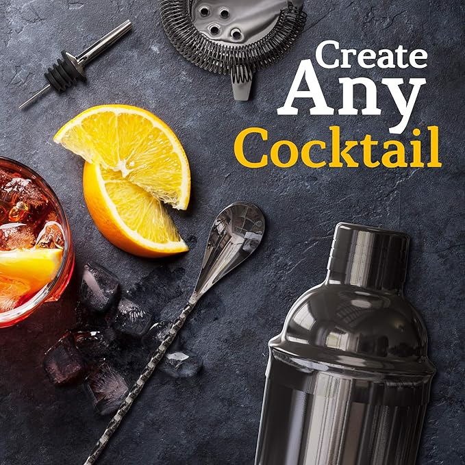 Highball & Chaser 13-Piece Cobbler Cocktail Shaker Set: Black Polished Stainless Steel Bartender Kit for Home Bar Set | Laser Engraved Tools Plus E-Book with 30 Recipes-Ruum Studio Home