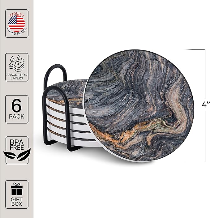 Emerson Coasters for Drinks Absorbent – Natural Stone Drink Coasters Set with Holder, Coasters for Coffee Table, Wooden Tabletop Protection Marble Style – 100% Heavy Duty Set of 6 (Magma)-Ruum Studio Home