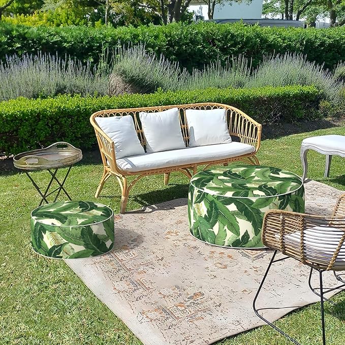 LVTXIII Outdoor/Indoor Round Inflatable Ottoman, All Weather Patio Footstool, Portable Footrest Seat for Patio Garden, Camping or Home, 21"x21"x9", Swaying Palms Green-Ruum Studio Home