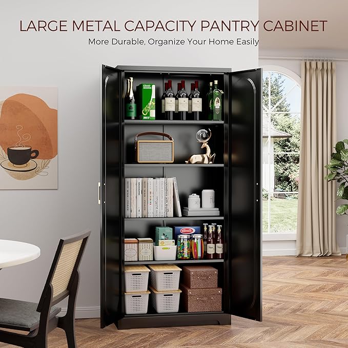 71" Tall Metal Pantry Cabinet with 4 Adjustable Shelves and Gold Handles Heavy-Duty Steel Storage for Kitchen, Dining Room or Office-Ruum Studio Home