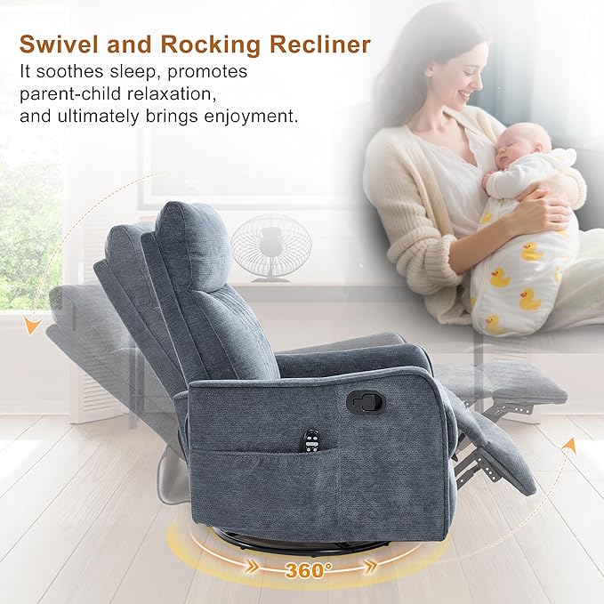 Manual Swivel Rocker Recliner Chair for Adults, Overstuffed Reclining Glider Chair for Nursing with Vibration Massage & Heat, Living Room Rocking Recliner 2-Stage backrest, Chenille Fabric Blue-Ruum Studio Home