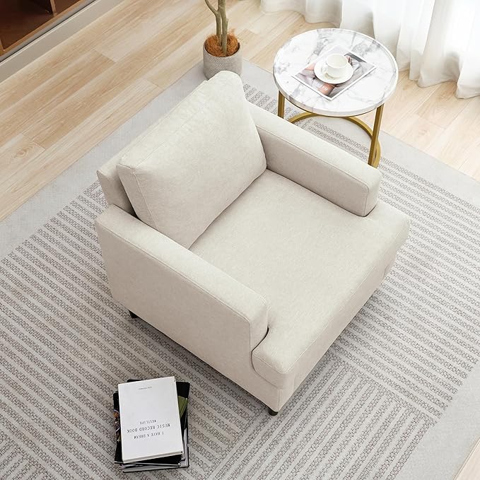 Mid-Century Accent Chair,Modern Linen Fabric Armchair for Living Room,Comfy Upholstered Reading Accent Chairs for Bedroom,Single Sofa Chair with Wood Legs (Beige, 1 Pack)-Ruum Studio Home