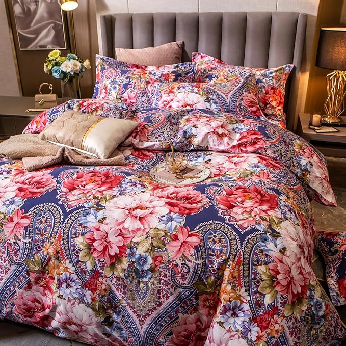 ABREEZE Colorful Floral Duvet Cover Queen 100% Cotton Flower Duvet Cover 3 Piece Set 1 Multi-Colored Damask Paisley Duvet Cover with Zipper Ties 2 Pillowcases Luxury Soft Peony Print Bedding Set-Ruum Studio Home