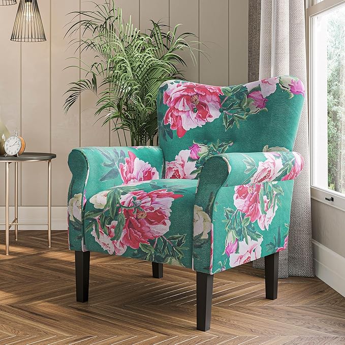 BELLEZE Modern Accent Chair, High Back Armchair, Upholstered Wingback Side Chair, Padded Single Sofa with Wooden Legs for Living Room, Bedroom - Green & Flower-Ruum Studio Home
