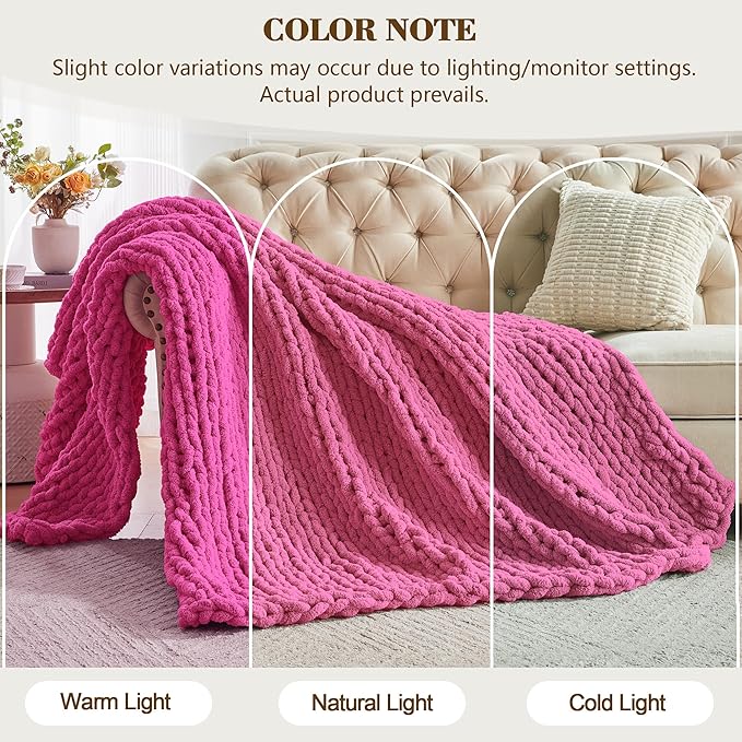 Carriediosa Chunky Knit Throw Blanket 60" X 80" Twin, 100% Hand Made Large Chenille Loop Yarn Soft Fluffy Throws for Couch Sofa Bed, Big Crochet Cozy Heavy Thick Cable Woven Blankets, Hot Pink-Ruum Studio Home