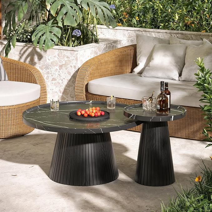 win2win Nesting Coffee Table Set of 2, Modern Coffee Table with Marble Veneer, Fluted Round Tea Table and End Table Set, Minimalist Center Tables for Living Room, Office, Black-Ruum Studio Home