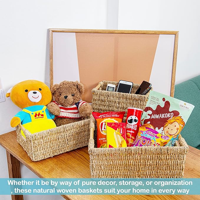 VATIMA Seagrass Baskets with Wooden Handles, Set of 3 Decorative Natural Wicker Baskets for Kitchen-Ruum Studio Home