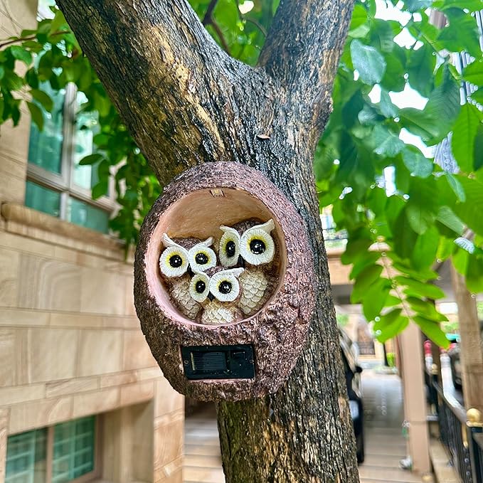 Garden Owl Family Tree Hugger Statue Solar Powered Outdoor Wall Mounted Figurine Light Resin Sculpture Home Decoration Housewarming Ornament Unique Gift-Ruum Studio Home