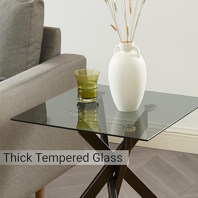 Modern Style Square Side Table with Grey Tempered Glass Top and Black Metal Tubular Legs with Gold Rim 20”Dx20”Wx22”H-Ruum Studio Home