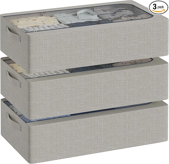 3PCS Under Bed Storage Bins with Metal Frame, Linen Fabric Frame Storage Box Clothes Organizer Bins, Underbed Container with Clear Window (Light Grey, 15.7 x 13 x 6IN)-Ruum Studio Home