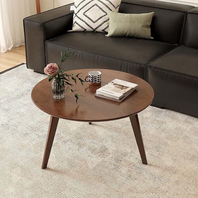 100% Solid Oak Wood Mini Coffee Table, Round Side Table w/Solid Wood Legs, Walnut Mid Century Coffee Table w/Sturdy Frame for Bedroom Balcony Living Room (29.53" D x 17.72" H)-Ruum Studio Home