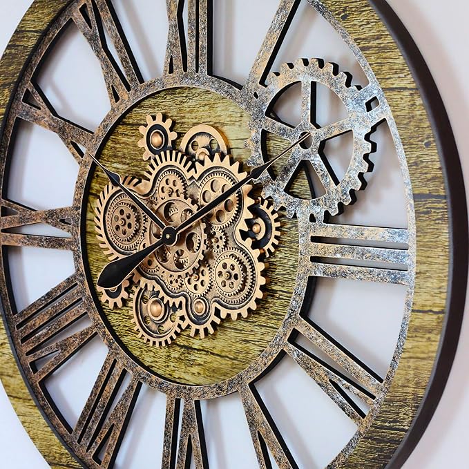 The Gears Clock 36'' Inch Real Moving Gear Wall Clock Vintage Industrial Oversized Rustic Farmhouse (Gold Antique)-Ruum Studio Home