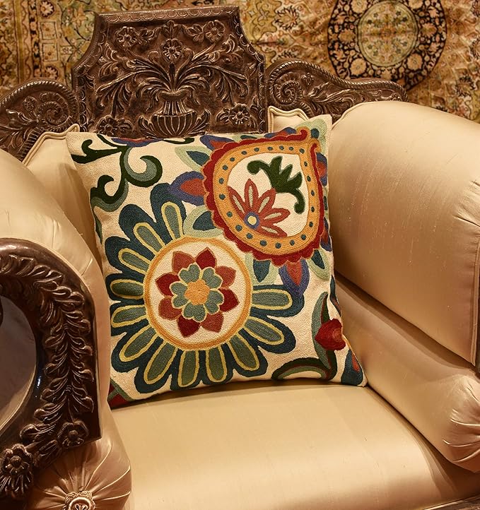 Daisy Floral Pillow Cover Teal Flower Pillowcase Flowery Outdoor Cushion Suzani Accent Pillowsham Flower Floral Chair Cushion Hand Embroidered Cushions Wool Size 18x18-Ruum Studio Home