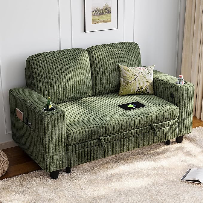 LINSY HOME Loveseat Sofa with Storage - Comfy Plush Corduroy 2 Seater Sofa with USB Charging & Cup Holders, Deep Seat Love Seat for Small Spaces Living Room Bedroom Apartment, Green-Ruum Studio Home