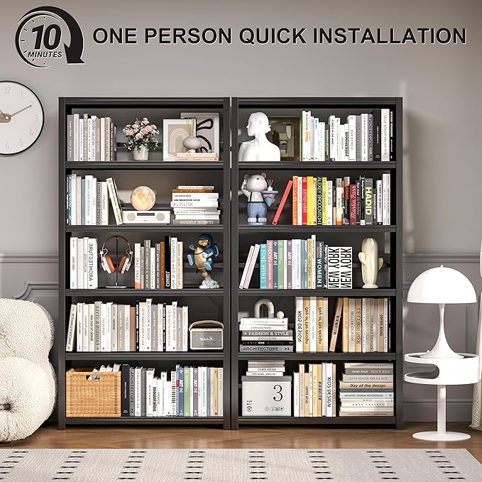 5 Tier Book Shelf, Metal Bookshelf, 69.3” Tall Black Bookcase, Free-Standing Industrial Bookshelves, Tools-Free Assembly Book Storage Organizer for Bedroom, Living Room, Office (Black)-Ruum Studio Home