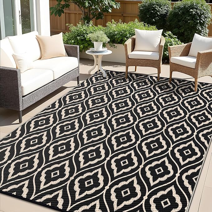 OLANLY Outdoor Rug 9x12 ft Waterproof, Outdoor Plastic Straw Rug with Geometric Pattern Clearance, Reversible RV Mat for Patio, Camping, Balcony, Deck, Backyard, Black & Beige-Ruum Studio Home