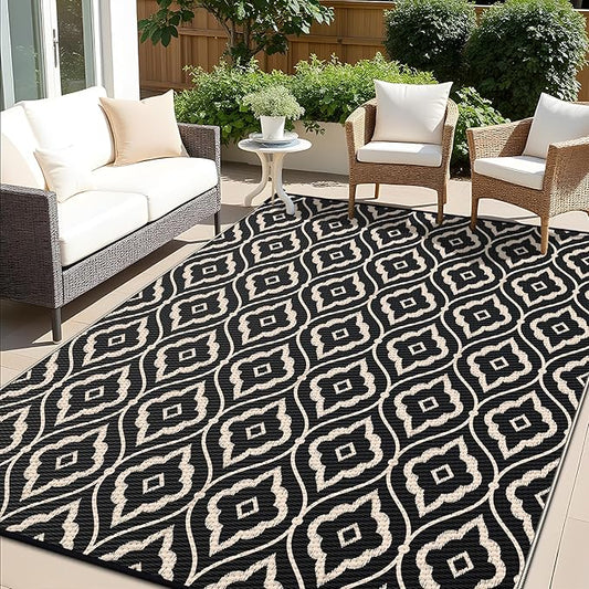 OLANLY Outdoor Rug 8x10 ft Waterproof, Outdoor Plastic Straw Rug with Geometric Pattern Clearance, Reversible RV Mat for Patio, Camping, Balcony, Deck, Backyard, Black & Beige-Ruum Studio Home
