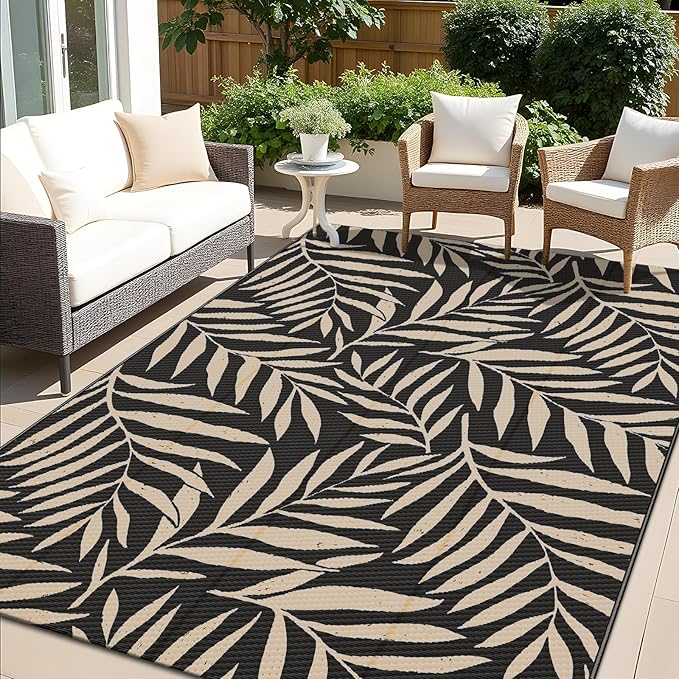 OLANLY Waterproof Outdoor Rug 5x8 ft, Reversible Outdoor Plastic Straw Rug with Leaf Pattern, RV Mat, Indoor Outdoor Carpet for Patio, Camping, Balcony, Deck, Backyard, Black & Beige-Ruum Studio Home