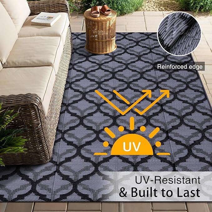 OLANLY Reversible Outdoor Rug 5x8 ft Clearance, Waterproof Outdoor Plastic Straw Rug with Interlacing Pattern, RV Mat for Patio, Camping, Balcony, Deck, Backyard, Black & Grey-Ruum Studio Home