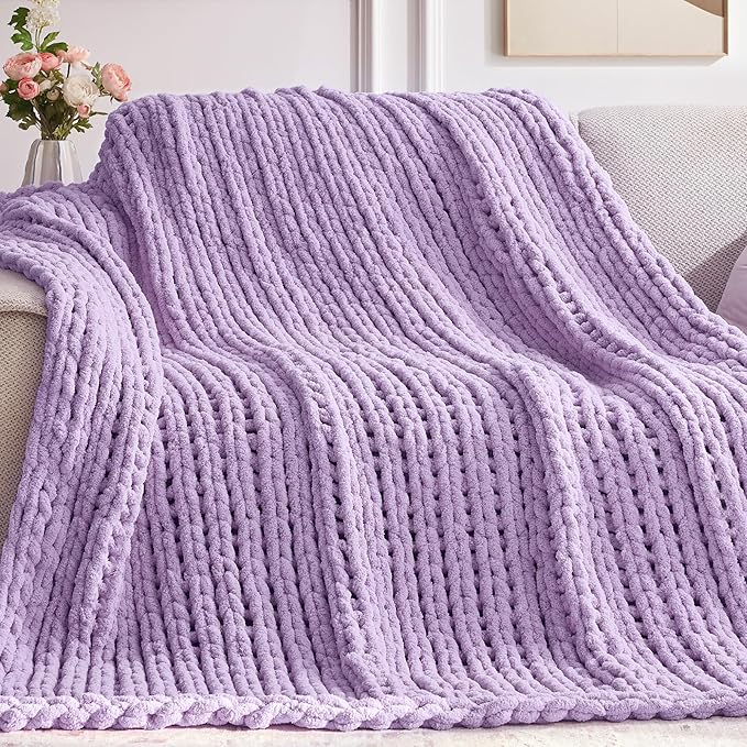 Chunky Knit Throw Blanket, 30''*40'' Knitted Throw Chenille Yarn for Bed Couch, Handmade Light Purple Crochet Big Thick Blanket, Machine Washable Cute Comfy Blanket for Home Decor-Ruum Studio Home