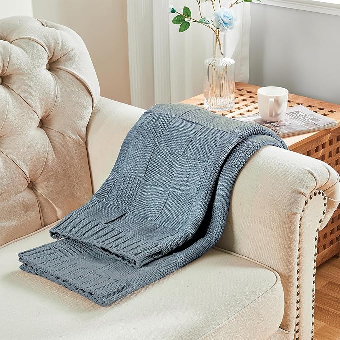 CozeCube Check Knit Throw Blanket, Dusty Blue Checkered Throw for Couch, Decorative Christmas Soft Cozy Warm Knitted Blanket for Bed Sofa Living Room, 50"X60"-Ruum Studio Home