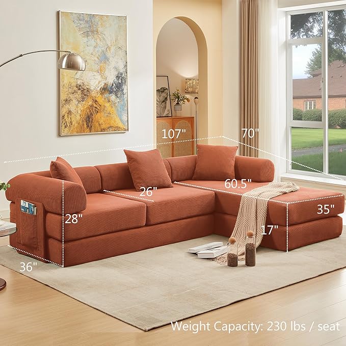 107" Oversized Convertible Sleeper Sofa Bed, Corduroy L Shape Sectional Couch, Folding Sofa Bed with Side Pocket, Modern Cloud Floor Mattress Couch, Modular Sofa for Living Room, Orange-Ruum Studio Home