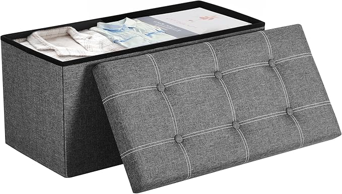SONGMICS Mazie Collection - 30 Inches Ottoman Storage Bench, 21 Gal. Folding Chest with Breathable Linen-Look Fabric, Load up to 660 lb, for Entryway, Living Room, Bedroom, Dark Gray ULSF001G01-Ruum Studio Home