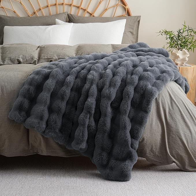 BENVWE Faux Fur Throw Blanket for Couch – Cozy Fuzzy Soft Plush Fluffy Thick Luxury Minky Bubble Blanket for Living Room Home Decor – Fathers Day Birthday Gifts for Women and Men, Grey, 51" x 63"-Ruum Studio Home