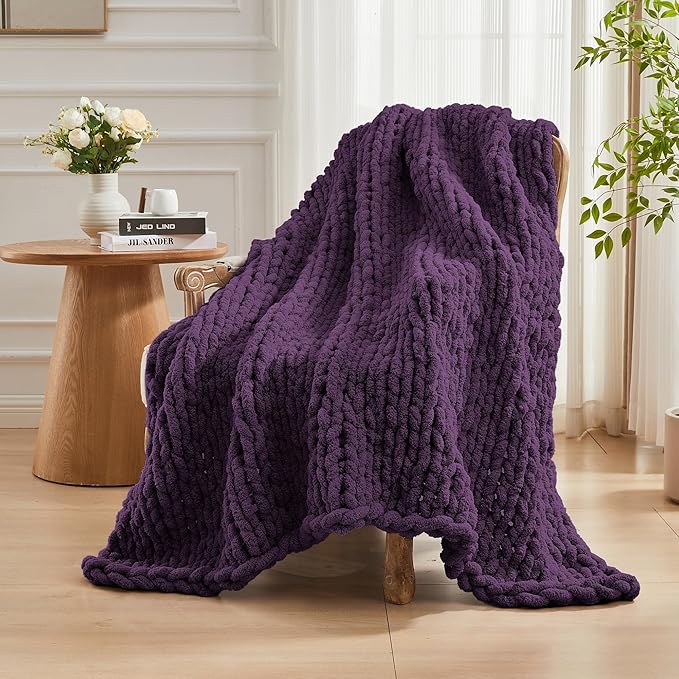 Carriediosa Chunky Knit Throw Blanket 60" X 80" Twin, 100% Hand Made Large Chenille Loop Yarn Soft Fluffy Throws for Couch Sofa Bed, Big Crochet Cozy Heavy Thick Cable Woven Blanket, Dark Purple-Ruum Studio Home