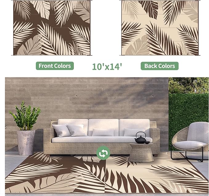 GENIMO Outdoor Rug 10' x 14' Waterproof for Patios Clearance, Reversible Outdoor Plastic Straw Camping Rug Carpet, Large Area Rugs Mats for RV, Camper, Deck, Balcony, Porch, Beach, Coffee&Beige-Ruum Studio Home