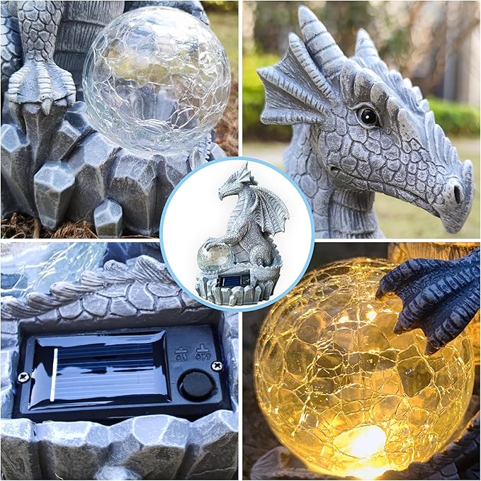 Dragon Solar Garden Statues Outdoor Decoration with Magic Orb,Dragon Figurine Solar LED Lights Lawn Décor,Outside Statue Ornament for Patio, Balcony, Yard,Unique Gifts for Mom Grandma-Ruum Studio Home