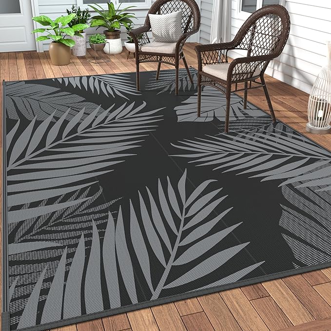 GENIMO Outdoor Rug 9' x 12' Waterproof for Patios Clearance, Reversible Outdoor Plastic Straw Camping Rug Carpet, Large Area Rugs Mats for RV, Camper, Deck, Balcony, Porch, Beach, Picnic, Black&Grey-Ruum Studio Home
