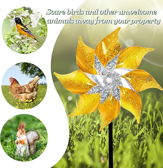 Hausse 10 Pack Reflective Pinwheels with Stakes, Extra Sparkly Pin Wheel for Garden Decor, Bird Repellent Devices Deterrent to Scare Birds Away from Yard Patio Farm, Golden-Ruum Studio Home