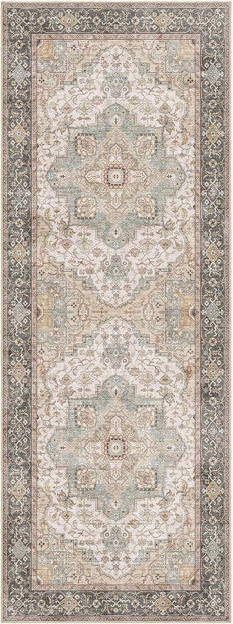 Washable 2x6 Runner Rug - Area Rugs Neutral Vintage Distressed Floral Farmhouse Boho Large Soft Floor Rug Indoor Carpet for Hallway Entryway Bedroom Kitchen - Forest Green Orange-Ruum Studio Home