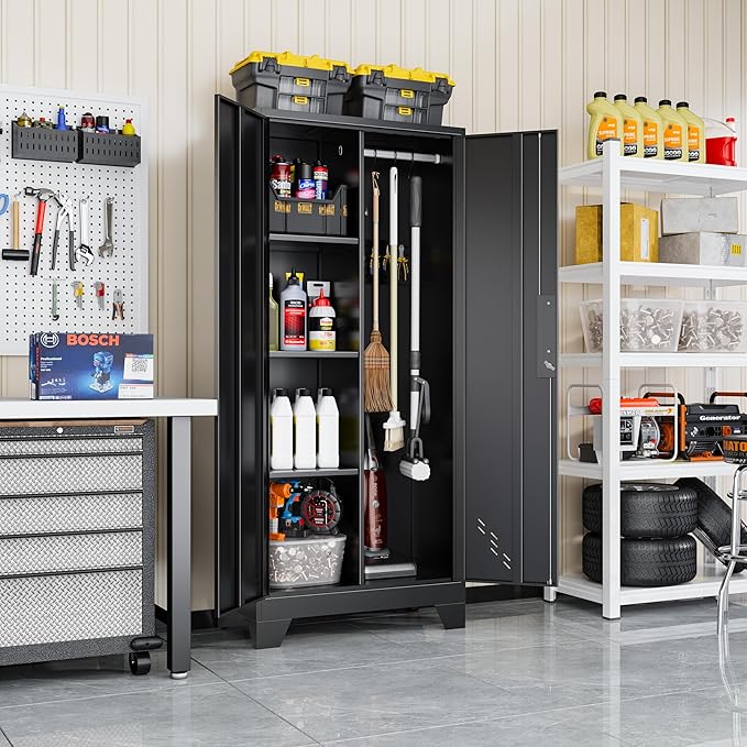 61" Broom Closet Storage Cabinet, Metal Storage Cabinet with Doors, Utility Cabinets for Brooms and Mops, Cleaning Tool Cabinets for Garage, Laundry Room, Bathroom-Ruum Studio Home