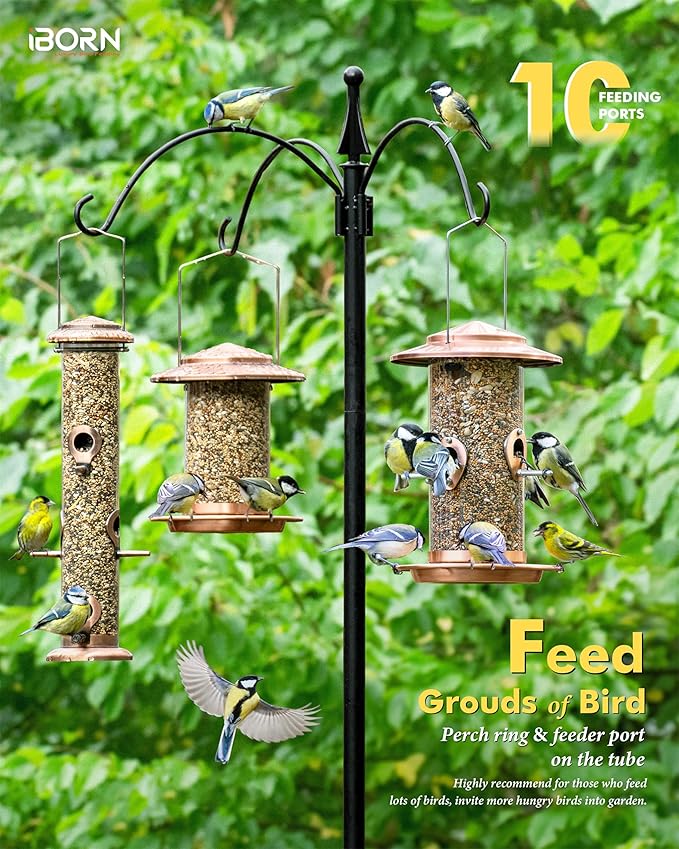 iBorn Metal Bird Feeder for Outside Hanging,Wild Bird Feeders for Cardinal,18cm Large Roof&Tray Brushed Copper 10 Port(Seed is not Included)-Ruum Studio Home