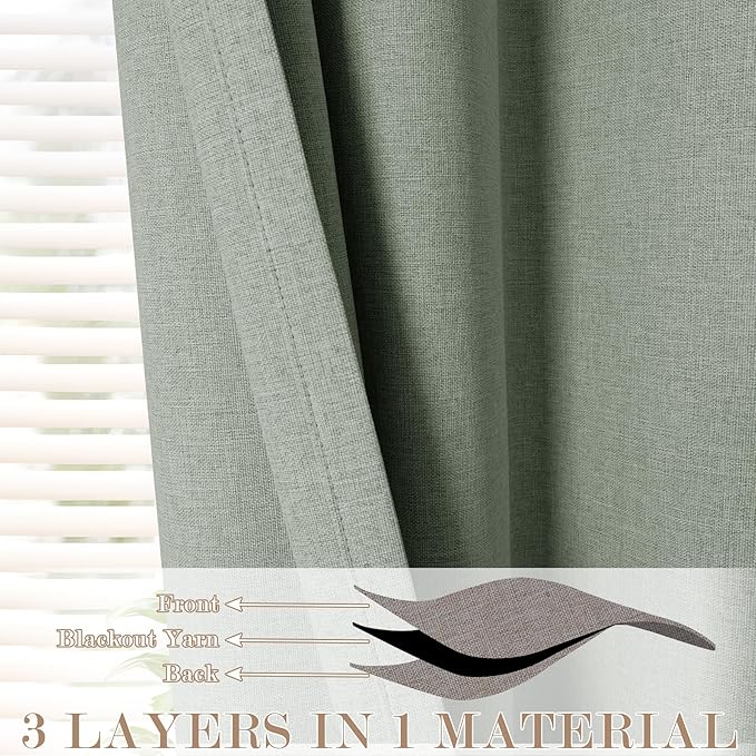 Extra Wide 100% Blackout Linen Textured Curtains - Room Dividers, W150 x L108 (1 Panel), Pinch Pleat Drapes for Living Room, Full Light Block Out Drapery for Sliding Door, Fog Green-Ruum Studio Home