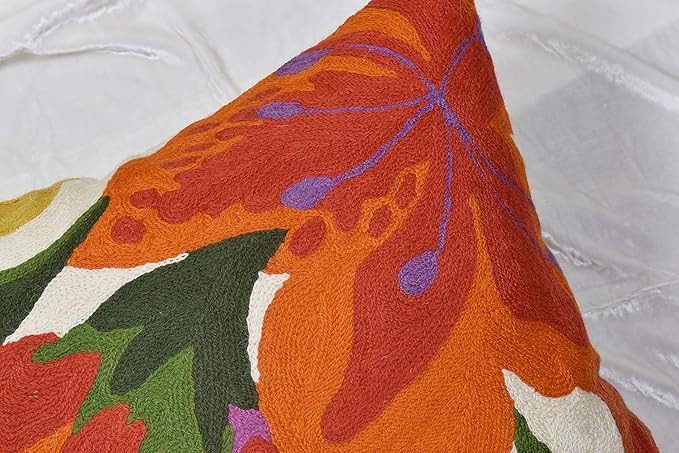 Floral Bloom Pillow Cover | Suzani Accent Pillowcase | Flower Accent Cushions | Hand Embroidered Wool Cushion - 18x18-Ruum Studio Home