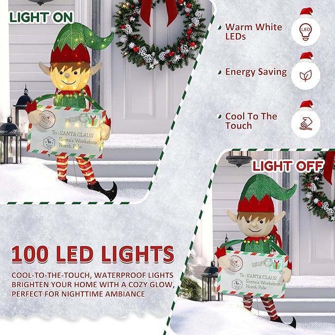 4.8FT Lighted Elf with Envelope Outdoor Christmas Decoration, 3D Pre-Lit Elf Decor with 100 LED Lights for Christmas, Freestanding Glittered Holiday Display for Outdoor, Indoor-Ruum Studio Home
