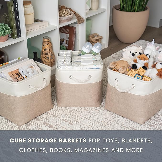 OrganiHaus 11x11 Cube Storage Bins 4 Pack, Foldable Cube Storage Organizer w/ Rope Handles, Collapsible Fabric Bins for Toys, Clothes & Closet Organization, Fabric Square Baskets - Beige/White-Ruum Studio Home