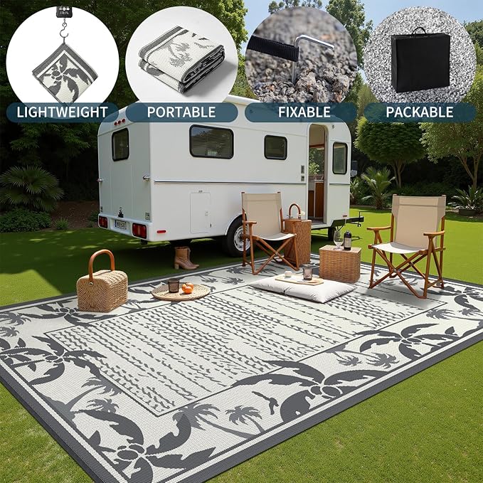COCOER Outdoor-Rug 8x10 ft Waterproof Reversible Outdoor Plastic Straw Rug RV Indoor Outdoor Carpet Quick Dry Patio Rug Camping Mat for Balcony Backyard Picnic Beach-Grey&Beige-Ruum Studio Home