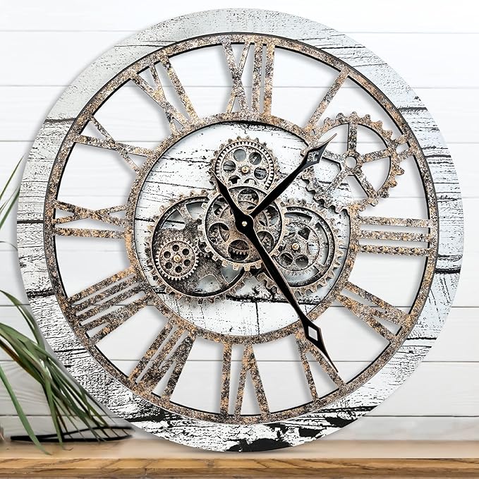The B-Style Large Wall Clock 24 inch Moving Gear Wall Clock Oversized Vintage Farmhouse Wall Clocks for Living Room Decor Rustic Industrial Wood Clock (Gray and White)-Ruum Studio Home
