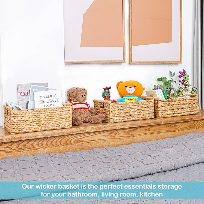 VATIMA Hyacinth Large Wicker Basket 15.5x10.8x6.2" - Rectangular, Wooden Handles, Shelf Organizer-Ruum Studio Home