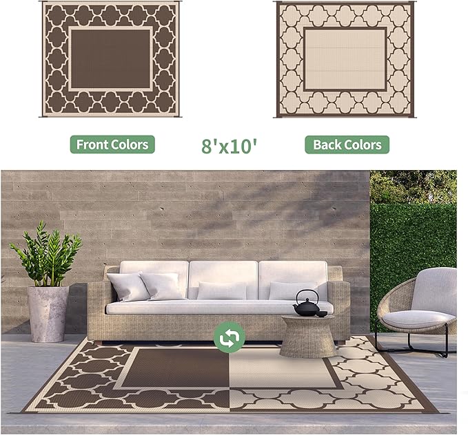 GENIMO Outdoor Rug 8' x 10' Patio Waterproof, Foldable Reversible Plastic Straw Area Rugs Mat for Camper Decor, Outside Carpet for Rv, Deck, Porch, Picnic, Beach, Balcony, Coffee & Beige-Ruum Studio Home