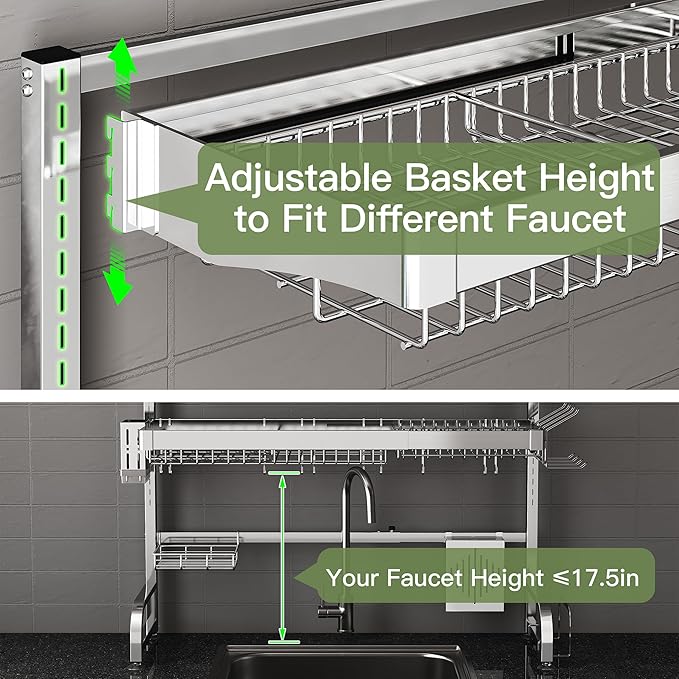 3 Tier Extra Large Stainless Steel Expandable Over The Sink Dish Drainer Drying Rack, Rust Proof Metal, Space Saving, Modern Silver Big Capacity Extendable Plate Strainers Above Kitchen Counter-Ruum Studio Home