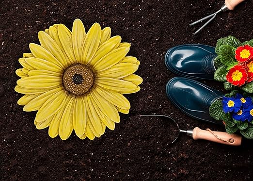 NAT & Jules Gerbera Daisy Flower Shaped Dimensional Indoor Outdoor 12 inch Cast Resin Decorative Garden Stepping Stone, Patio, Walkway Sculpture Yard Art, Yellow-Ruum Studio Home