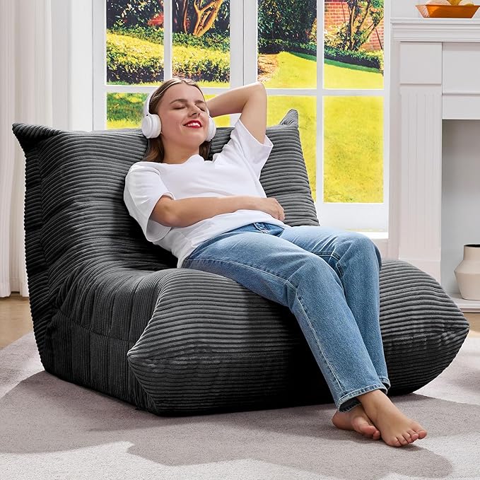 Bean Bag Chairs for Adults Giant Bean Bag Chair Memory Foam BeanBag Chair Big Bean Bag Sofa with Filler Faux Fur Fireside Beanbags Lazy Sofa for Living Room Bedroom Dorm Office (Grey Corduroy)-Ruum Studio Home