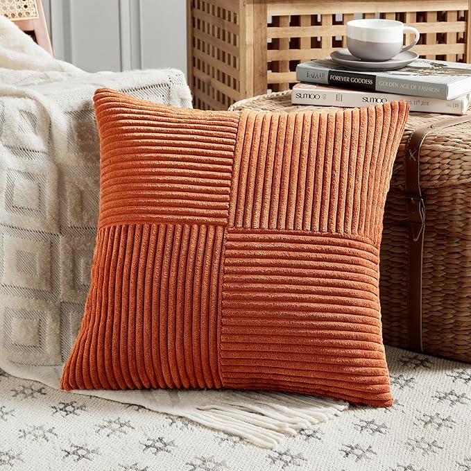 Fancy Homi Set of 2 Burnt Orange Decorative Throw Pillow Covers 16x16 Inch for Living Room Couch Bed, Boho Farmhouse Fall Home Decor, Soft Corss Corduroy Patchwork Textured Cushion Case 40x40 cm-Ruum Studio Home