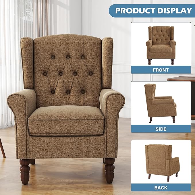 UIXE High Back Accent Chair, Upholstered Armchair in Fabric, Retro Wingback Arm Chair for Living Room, Comfy Single Sofa Bedroom Reading Seat with Solid Wood Legs - Brown-Ruum Studio Home